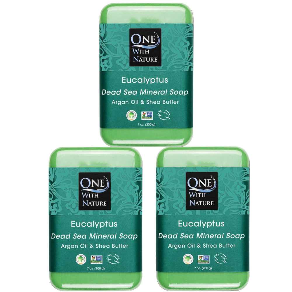 One With Nature eucalyptus soap 7oz 3-pack packaging—eco-friendly presentation for cleansing.