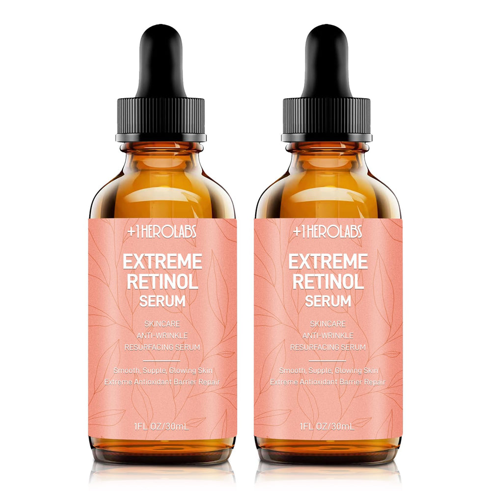 +1HEROLABS retinol serum bottle closeup demonstrates rapid absorption and skin renewal potential.