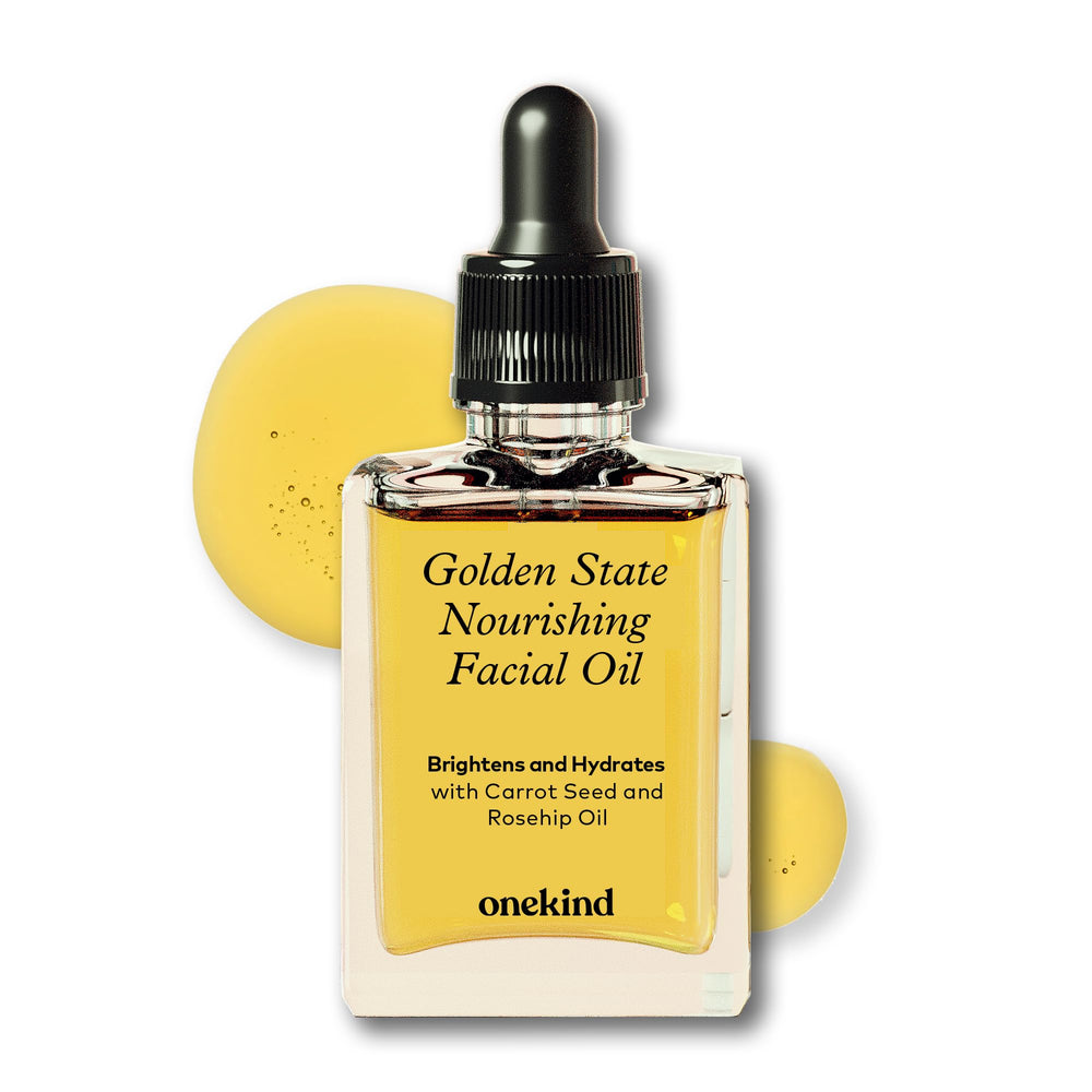 Onekind Golden State bottle closeup shows luxe oil for hydration and nourishment.