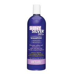 One 'N Only Shiny Silver Purple Shampoo bottle with argan oil for hydrated, bright hair.