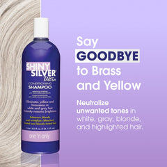 One 'N Only Shiny Silver Purple Shampoo pour showing cool-toned brass reduction in action.
