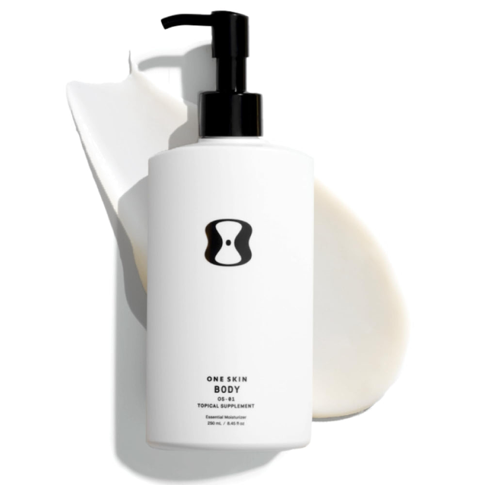OneSkin BODY OS-01 bottle pour demonstrates easy daily hydration for sensitive skin.