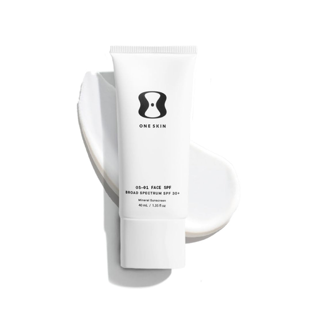 OneSkin FACE SPF OS-01 bottle showing mineral sunscreen shield against UV aging.