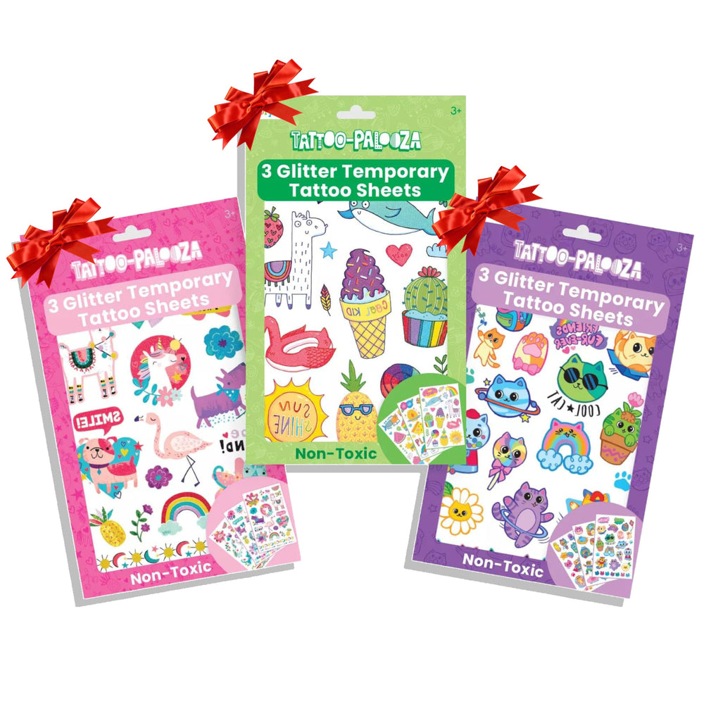Ooly glitter tattoos featuring unicorns and cats on three sheets for playful party flair