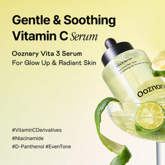 OOZNARY Vita 3 Serum dropper close-up showing fast-absorbing formula for smooth skin.