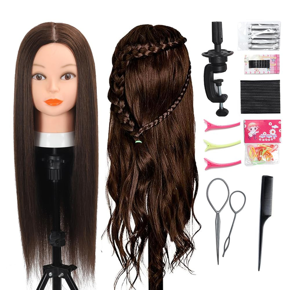 Opini 26-28 inch mannequin head with real hair for versatile styling practice.