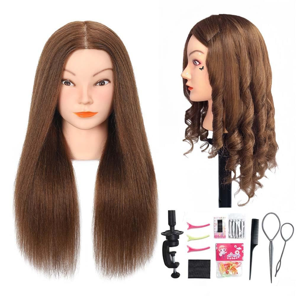 Opini mannequin head brown front view for realistic styling practice.
