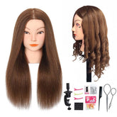 Opini mannequin head brown front view for realistic styling practice.