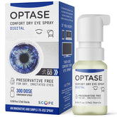 Optase Comfort Dry Eye Spray bottle closeup showing multi-dose design for on-the-go relief.