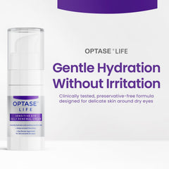 Optase LIFE hydrating eye cream application close-up showing smooth texture for sensitive skin.