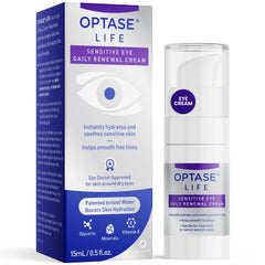 Optase LIFE sensitive eye daily renewal cream tube for easy under-eye hydration.