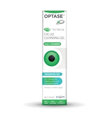 Optase Tea Tree Oil Eyelid Gel on eyelid area supports sensitive-skin cleansing