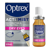 Optrex ActiMist bottle close-up showing easy-to-use spray for dry eye relief.