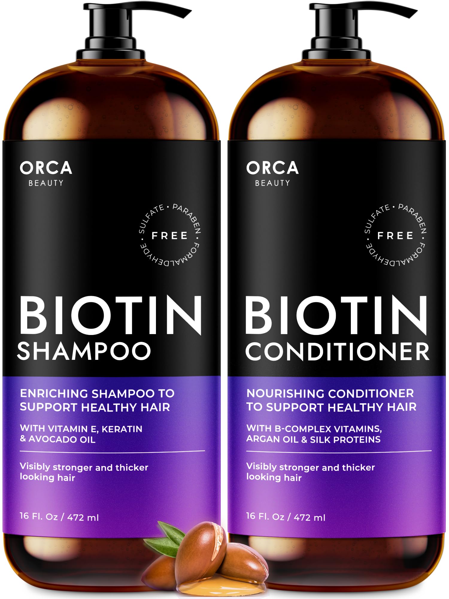 Orca Beauty Biotin Shampoo bottle promotes volumizing, healthy-looking hair