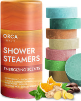 Orca Beauty Jasmine Tea shower steamer on a rack, promoting calm mood uplift.