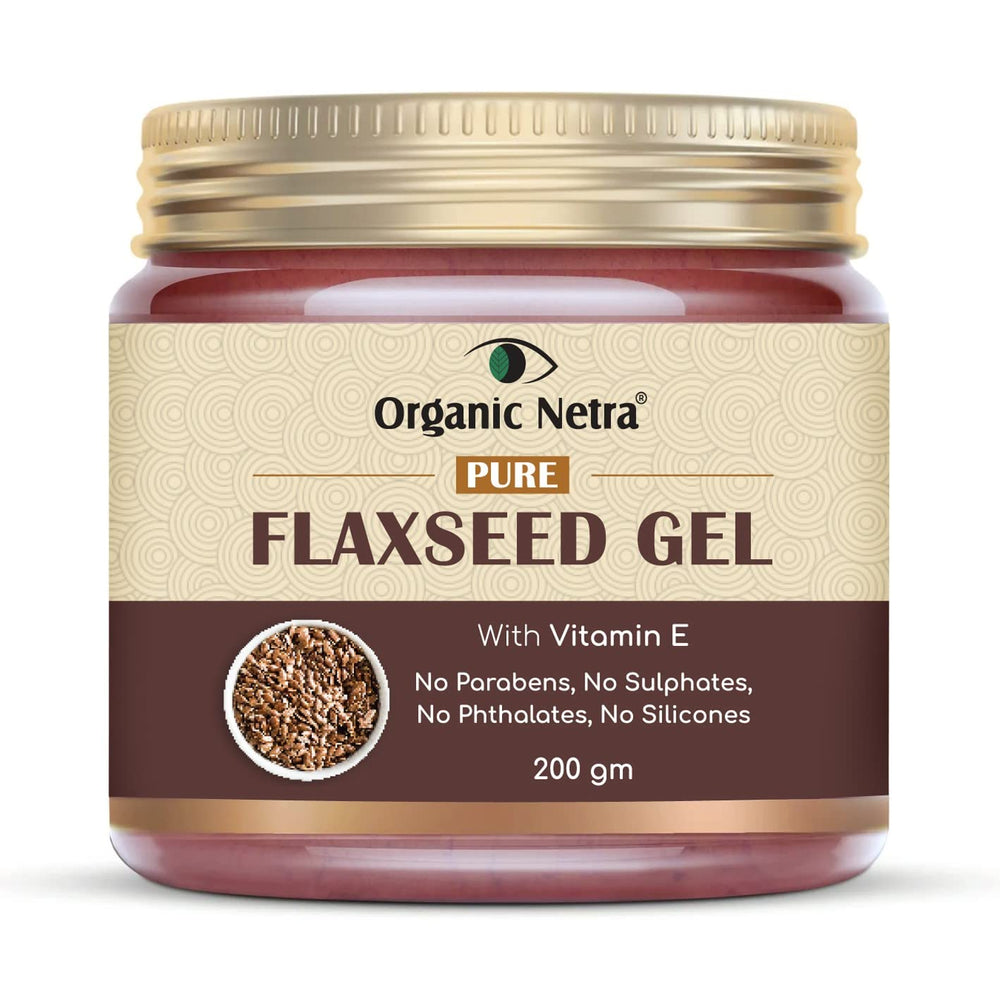 Organic Netra Pure Flaxseed Gel bottle pour for hydrated, frizz-controlled hair.