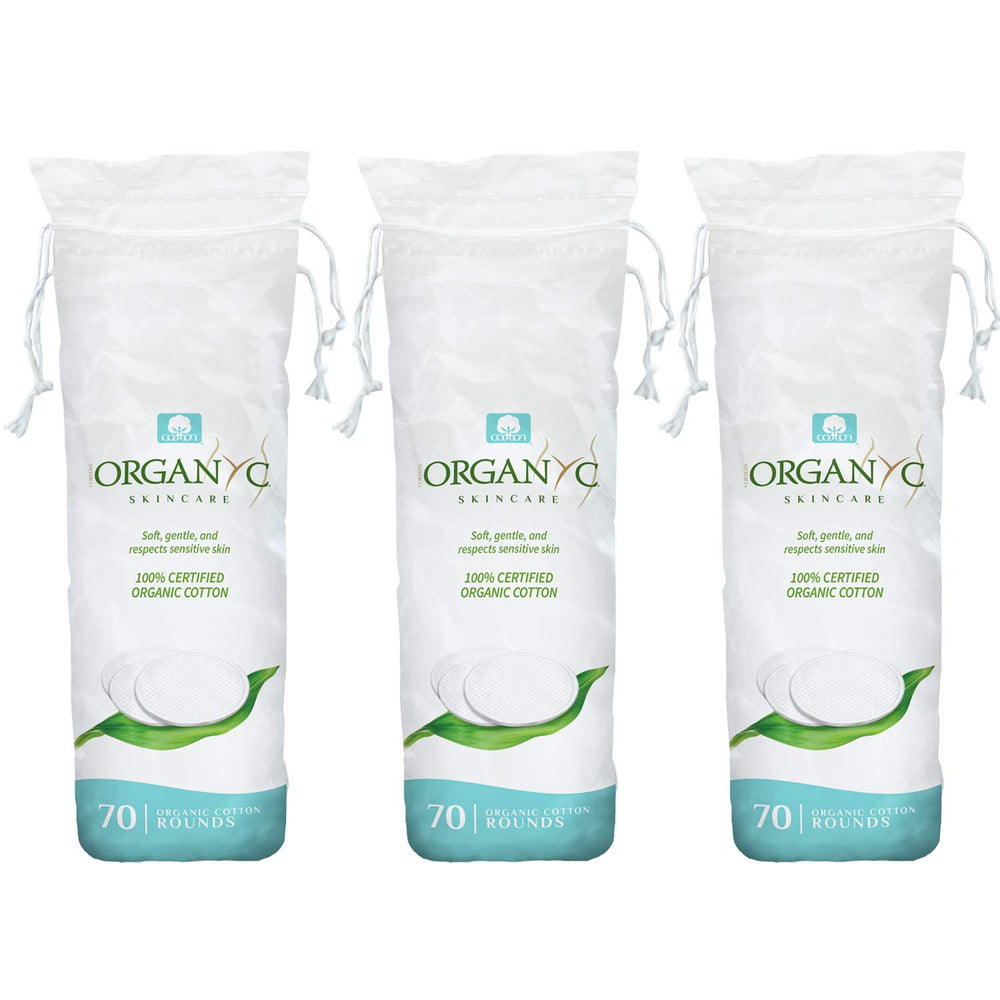 Organyc cotton rounds with soft texture for gentle makeup removal and skincare.