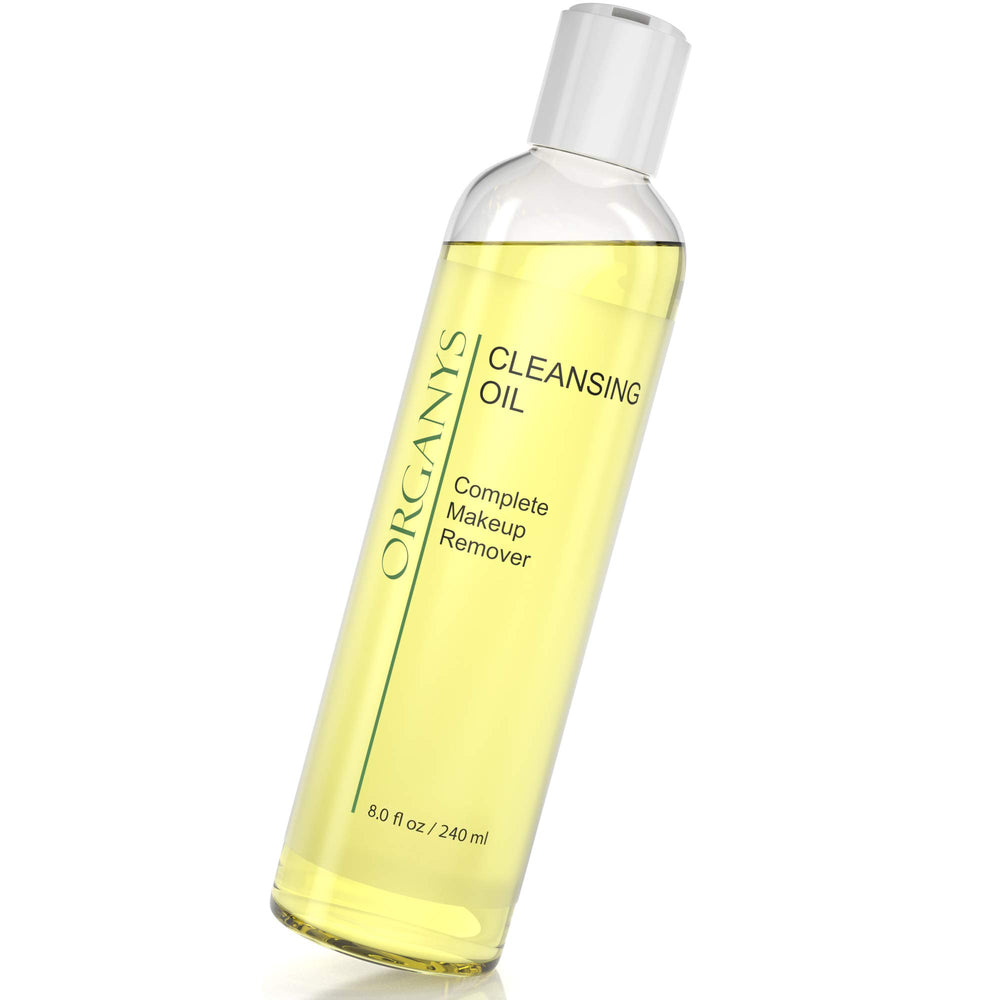 Organys cleansing oil bottle closeup demonstrates olive-oil based formula for gentle cleansing.