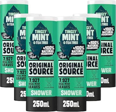 Original Source Tea Tree & Mint Shower Gel bottle on shelf offers a refreshing cleanse.