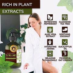 ORISO Tea Tree Mint Body Wash close-up shows botanical ingredients for gentle cleansing