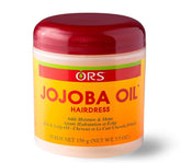 ORS Jojoba Oil Hairdress bottle demonstrates moisture and shine.