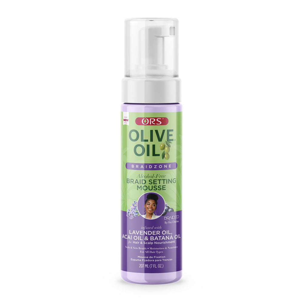 ORS Olive Oil Braidzone mousse bottle for protective styles and moisture.