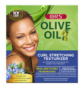 ORS Olive Oil Curl Stretching Texturizer jar close-up shows smoothing action for looser, more manageable curls.