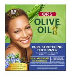 ORS Olive Oil Curl Stretching Texturizer jar close-up shows smoothing action for looser, more manageable curls.