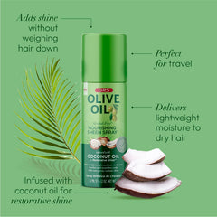 ORS Olive Oil Nourishing Sheen Spray application mist enhances moisture for textured hair.