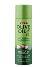 ORS Olive Oil Nourishing Sheen Spray bottle front view shows weightless shine and hydration.