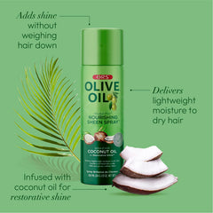 ORS Nourishing Sheen Spray used on braided styles to reduce frizz and add gloss.