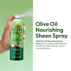 ORS Olive Oil Nourishing Sheen Spray on curls delivers radiant shine up close.