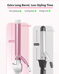 ORYNNE curling iron with digital LED display demonstrates precise temperature control for consistent styling.