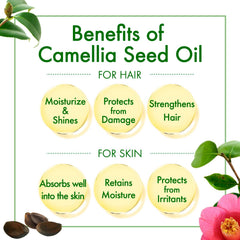 Oshima Tsubaki Camellia Seed Oil label closeup emphasizes pure, single-ingredient formula.