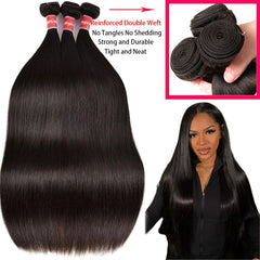 Oshiney Brazilian virgin straight bundles 26-30 inch highlights natural, silky texture.