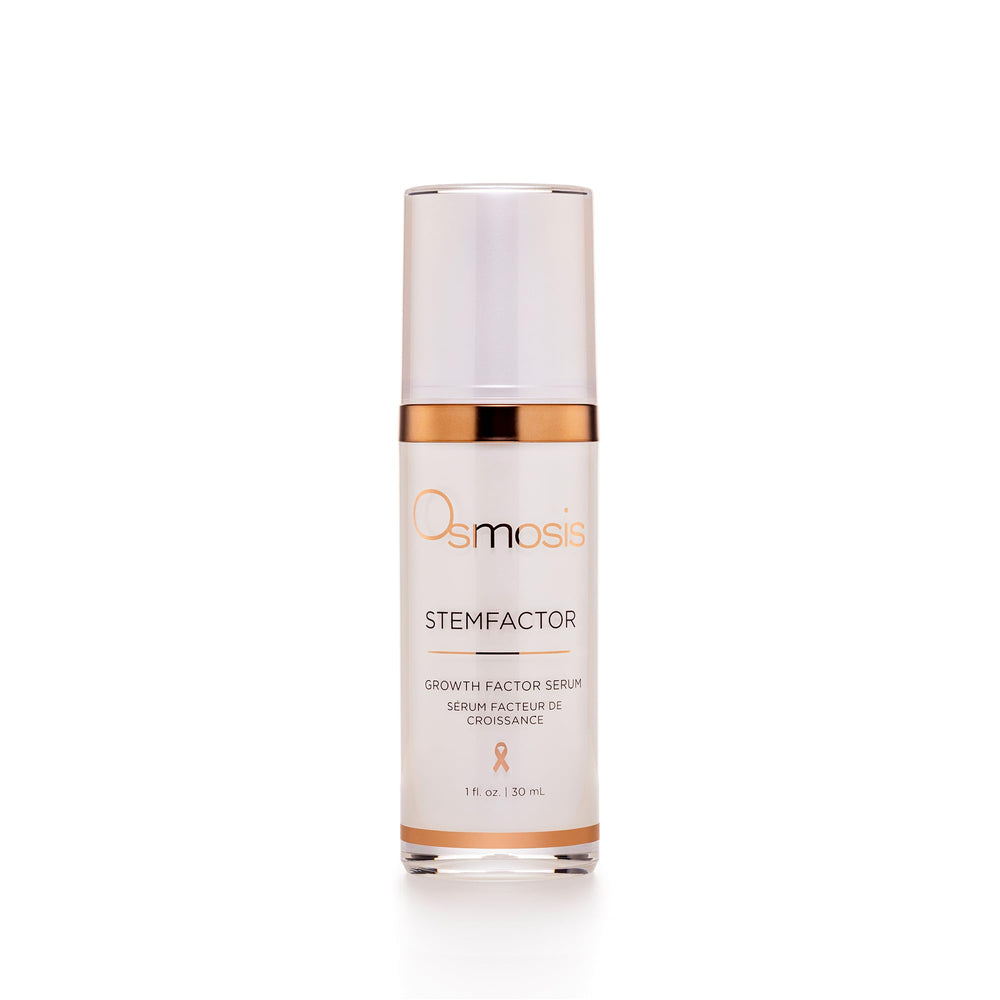 OSMOSIS StemFactor serum bottle emphasizes anti-aging delivery of growth factors.