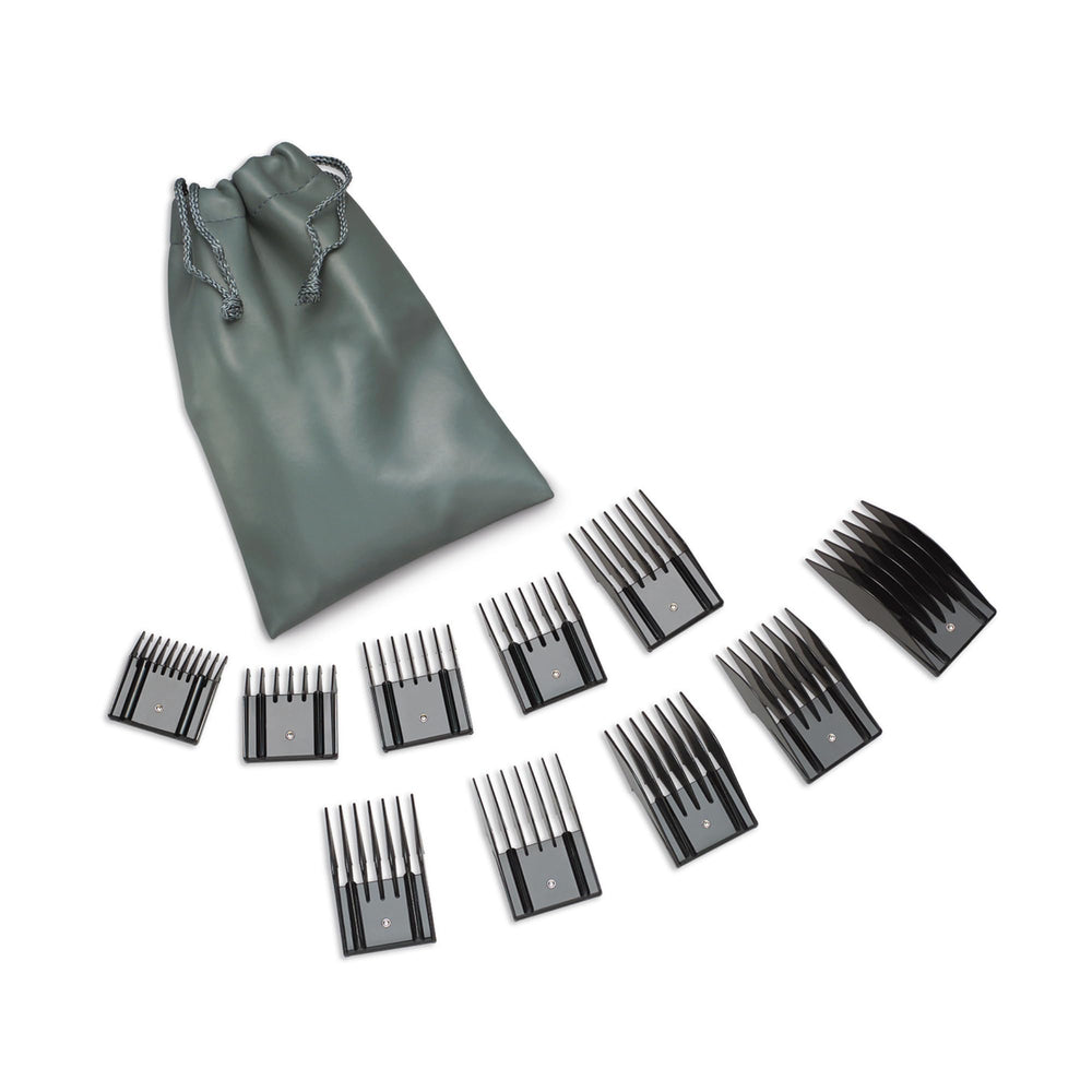 Oster Professional Universal Comb Pouch Set storage case keeps guards organized for quick grooming sessions.