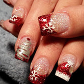 OSTTMA Christmas press-on nails kit close-up with red glitter French tips for festive at-home manicure.