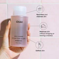 OUAI Body Cleanser Melrose Place lather close-up highlights rich foam and skin-softening benefits.