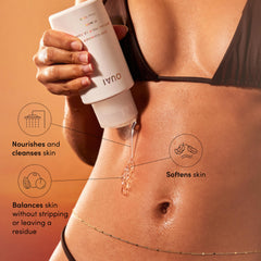 OUAI Body Cleanser St. Barts lather demonstrates rich foam for a soothing shower.
