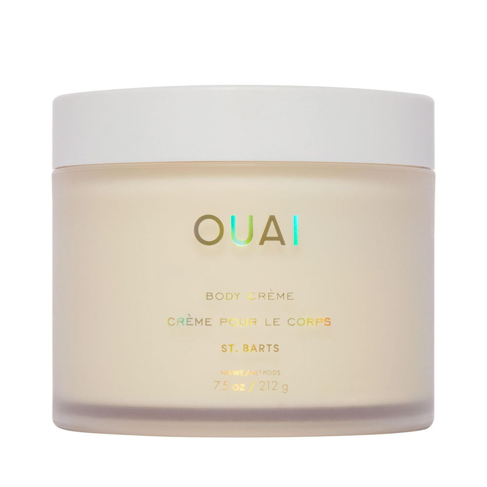 OUAI Body Cream St. Barts tub closeup shows whipped texture for quick hydration.