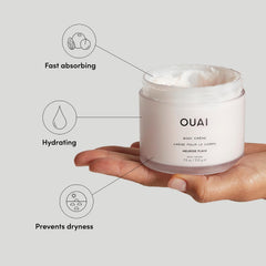 OUAI Body Cream texture application close-up highlights luxurious, quick-absorbing hydration.
