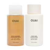 OUAI Detox Shampoo bottle pour shows clarifying action for buildup removal.