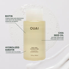 OUAI Fine Shampoo rich lather demonstrates weightless body for fine hair.