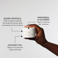 OUAI foaming exfoliator in a shower scene suggests a refreshing weekly cleanse.