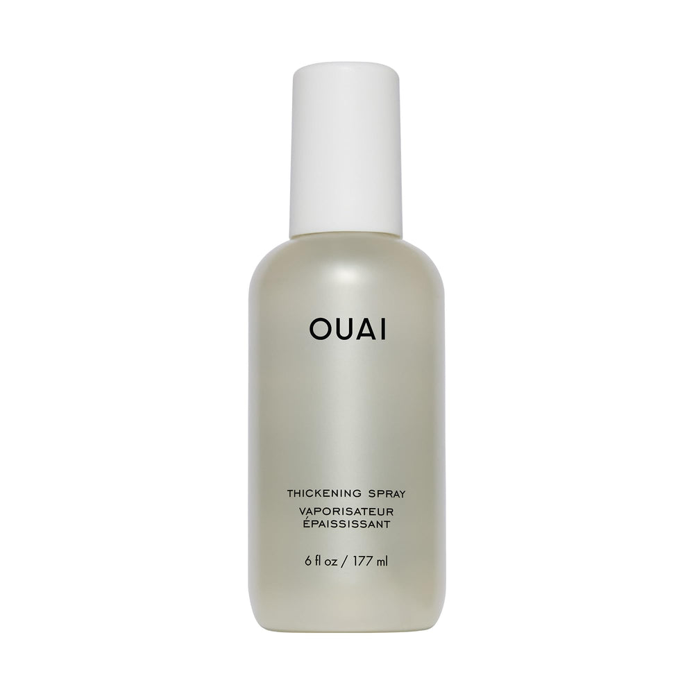 OUAI thickening spray bottle dispense shows instant lift from roots to ends