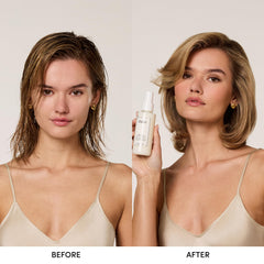 OUAI leave-in conditioner hair-application shows light mist for quick detangling and hydration.