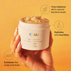 OUAI Scalp & Body Scrub sugar crystals close-up for product buildup removal.