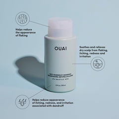 OUAI sulfate-free shampoo bottle emphasizes gentle scalp care