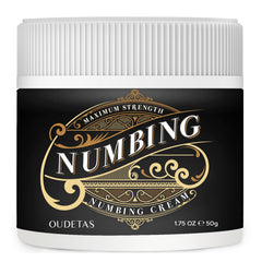 Oudetas Numbing Cream tube closeup highlighting a non-greasy formula for targeted relief.